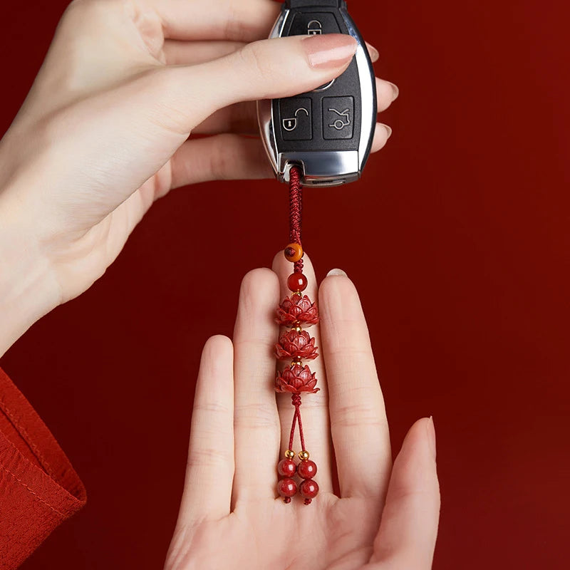 Red Cinnabar Lotus Key Chain - Amulet Gift Pendant